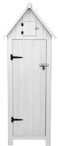 Wooden Garden Storage Shed White Tool Organiser Cabinet Beach Hut Sentry Box Lockable Doors 3 Corner Shelves 4 Door Hooks Roof Hatch Padlock 4 Keys Ground Fixing Kit Screw Covers Fir Wood Asphalt Roof
