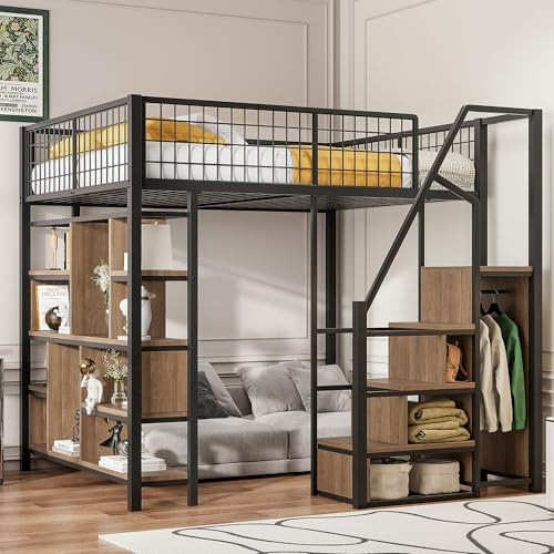 Zepneiy Hochbett 140 x 200 cm, Regale und Treppe mit Stauraum, Metallbett, multifunktional, Schwarz (Matratze nicht im Lieferumfang enthalten)