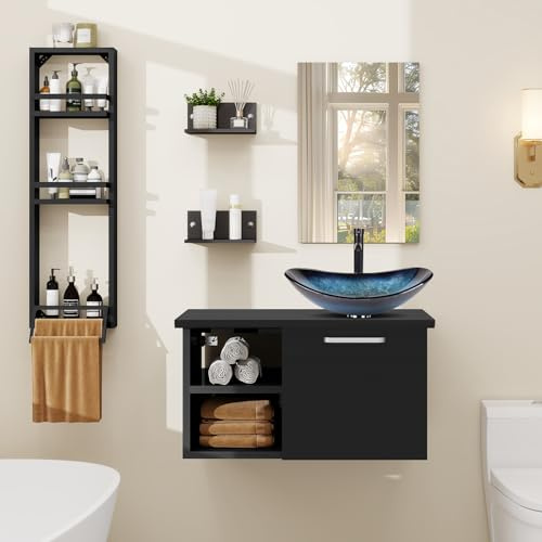 YU YUSING Mueble Baño con Lavabo, Espejo y Estanteria Ducha Tres Nivele, Mueble Lavabo con 2 Estantes Pared, Juego Grifería, Conjunto Muebles Baño, Movel Casa de Banho com Pia, Moderno Azul