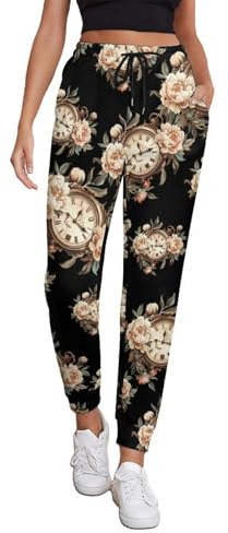 GQWJKSZ Pantalones Deportivos cómodos y Ligeros para Mujer con diseño de Flores de peonía y Reloj estético, Ideales para Yoga y Entrenamiento Deportivo.