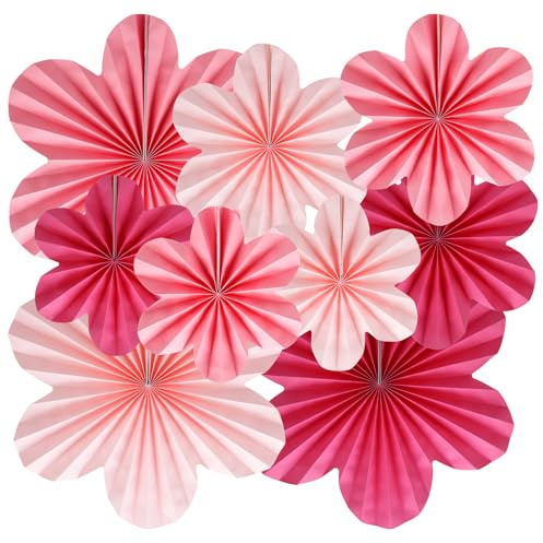 9 Stück Papier Fächer Hanging Dekoration Rosa Papierblumen Party Regenbogen Deko Rosa Girlande Blumen Papierfächer für Hochzeit Geburtstag Tea Party Tischdeko