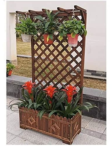 Maceta de madera con enrejado de diamante, cama de jardín elevada móvil para plantas trepadoras, cuenta con agujeros de drenaje, acabado de nogal