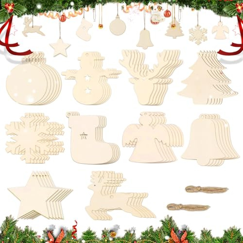 60pcs Bastelset Weihnachten, Holzanhänger zum Bemalen, DIY Basteln Weihnachten Kinder, Holz Weihnachtsdeko Anhänger, Weihnachtsbaum Holzanhänger, Christbaumschmuck
