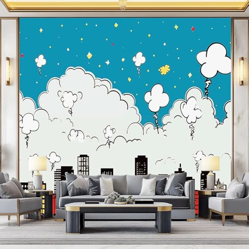 Fotomurales Dibujos animados de nubes de la ciudad Papel pintado tejido no tejido decoración Pared decorativos 250 x 175 cm Sala Cuarto Oficina Salón Decoración Casa Color azul colorido
