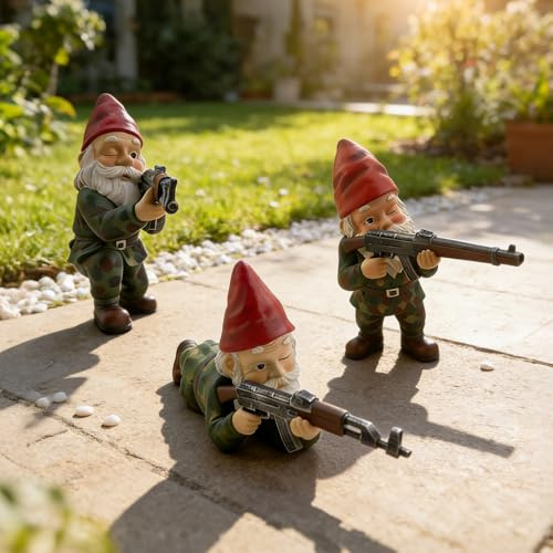 NAVESO Lot de 3 nains de jardin d'extérieur - Décorations de jardin - 15 cm - Décoration de jardin amusante - Statue de nain militaire pour intérieur ou extérieur