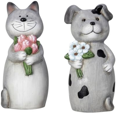 Macosa IK1395_x2 Pfostenhocker 2er Set Keramik Grau Zauntiere Hund Katze 23 cm Garten Deko Zaunfiguren für Pfosten und Geländer Gartendekoration modern Zaunhocker