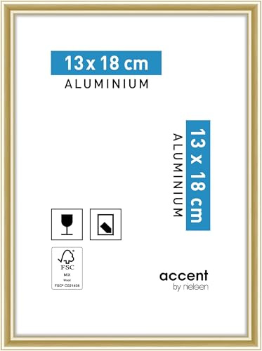 accent by nielsen Aluminium Bilderrahmen Accent, 13 x 18 cm, Gold | Aluminium Fotorahmen im Hoch- & Querformat zum Auftstellen und Aufhängen Gold glänzend Echtglas