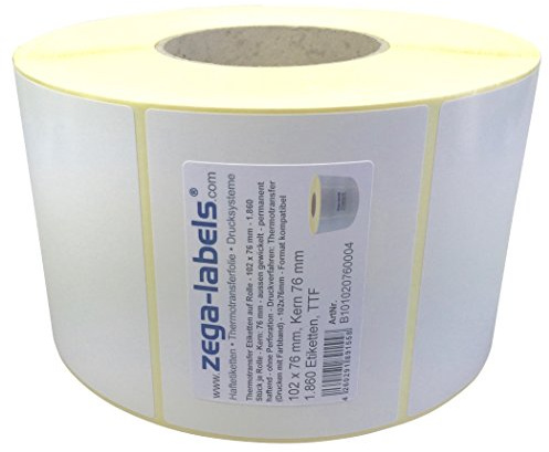 Thermotransfer Etiketten auf Rolle - 102 x 76 mm - 1.860 Stück je Rolle - Kern: 76 mm - aussen gewickelt - permanent haftend - Druckverfahren: Thermotransfer (Drucken mit Farbband)