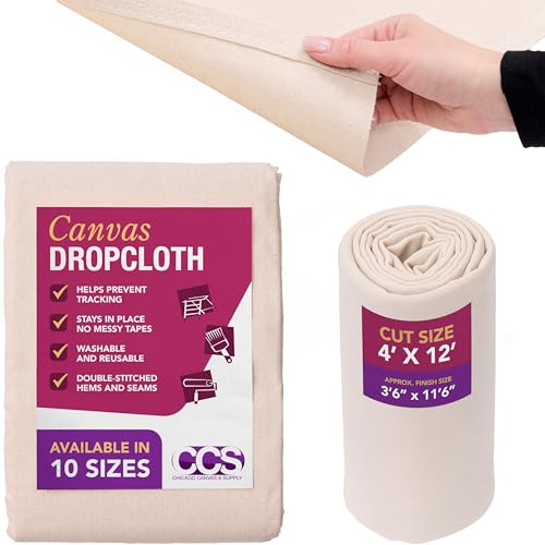 CCS Canvas Drop Cloth for Painting – All Purpose Cotton Duck Cloth Tarp for Curtains, Tablecloths, Backdrops – Washable & Reusable Floor Cover & Dust Sheet for Furniture (4x12 Ft)
