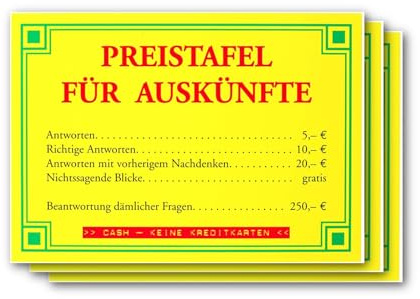 modern times -3er Set Postkarte LUSTIG - Motiv: PREISTAFEL FÜR AUSKÜNFTE, Anlass: Textkarten Fun, Künstler/Verlag: ECKI DESIGN, Größe: A6