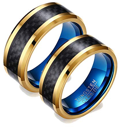 ANAZOZ 2 Stück Damen Herren Verlobungsring Wolfram 8mm Kohlefaser Bicolor Poliert Ringe für Verliebte Ringe Partnerringe Paar Gold Blau Trauringe Bis Euro Frau:60 (19.1) & Mann:65 (20.7)