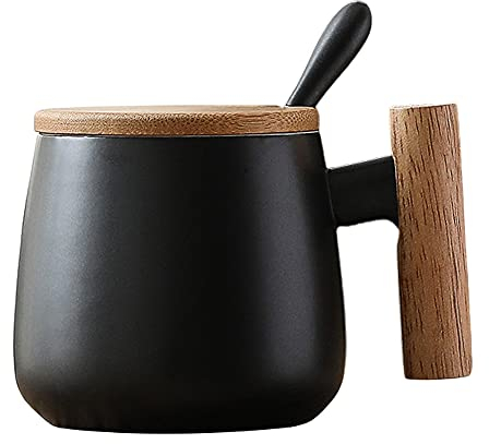 MonLiya Ceramic Coffee Mug Coffee Tea Cup with Lid and Spoon, Milk Cup Drinking Cups for Men, Women, Thanksgiving, Christmas, Birthday (Black)