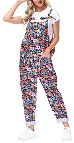Runstarshow Women Baggy Strappy Dungarees Floral Sleeveless Overalls Jumpsuit Summer Casual Romper with Pockets