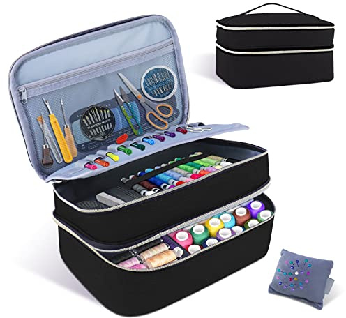 Nähzubehör-Organizer-Tasche, doppellagiges Nähkästchen, Organizer, Zubehör, Aufbewahrungstasche, großer Nähkorb, Reise-Damen-Nähkästchen für Nähzubehör, Scheren, Faden, Nadeln, Clips, (schwarz)