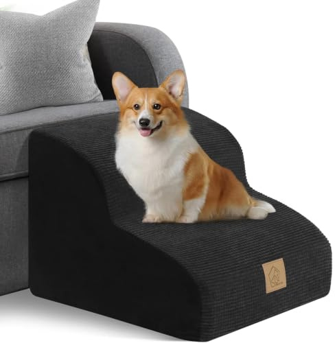 2-Steps Dog Stairs for Sofa Bed, Non-Slip Foam Pet Ramp for Small Injured Dogs and Cats, Portable Pet Ladder with Removable and Washable Plush Cover,Send Lint Roller Set Black