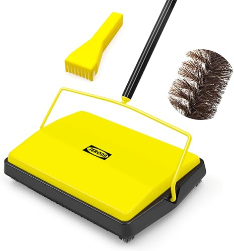 JEHONN Carpet Sweeper Manual with Horsehair, Non Electric Quite Floor Rug Roller Brush Push for Cleaning Pet Hair, Loose Debris, Lint (Yellow)