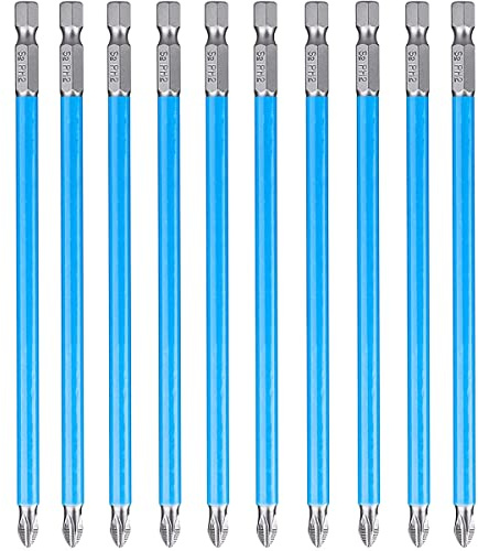 Treki 10PCS Puntas de Destornillador Magnético PH2 Cruz Puntas Magnéticas de Aleación de Acero Largas Puntas de Impacto Antideslizantes S2 Destornillador de Puntas de 1/4 '' Vástago Hexagonal 150mm