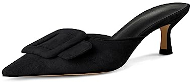 Volrina Kitten Heel Mules Sandals for Women Pointed Toe Square Buckle Backless Slip on Suede Stiletto Dress Heeled Sandals Wedding Party Shoes, Black, 9 UK