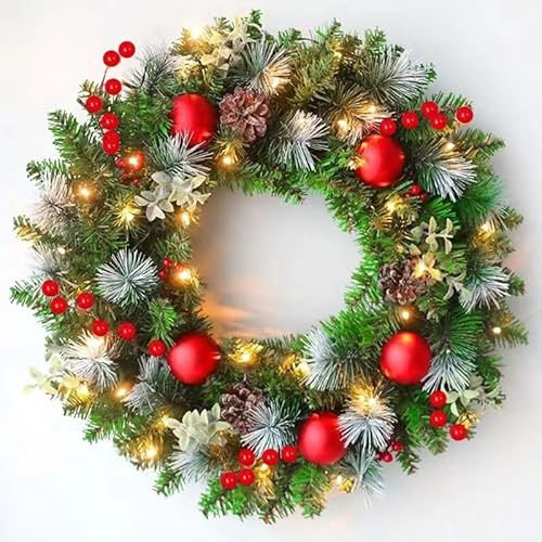 Ghirlanda Natalizia Illuminate con luci a LED 40cm,Ghirlanda di Abete per Porta di casa,Decorazione Natalizia,Ghirlanda per Finestre,Camino,Giardino,per Interni ed Esterni.(40cm) (verde-C)