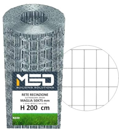 MED | Rete Elettrosaldata Zincata 50X75 mm in Rotolo da 25 mt H 200 cm per Recinzioni Metalliche da Giardino, Pollaio, Vigneto, Recinzione Rigida Resistente