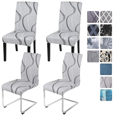 Alishomtll Stretch Stuhlhussen 4er/6er Set Grau Stuhlbezug Schwingstuhl Elastische Hussen Abnehmbarer Waschbarer Stühle Schutz für Esszimmer Restaurant Hotel Bankett Hochzeit (Grau Wellung, 4 Stück)