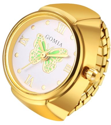 JewelryWe Ringuhr Fingeruhr Elastisch Schmetterling - Damen Analog Quarz Fingerringuhr Ring Uhr Uhrenring mit Schmetterling Römischen Ziffern Zifferblatt und Silber/Gold Legierung Elastisch Band