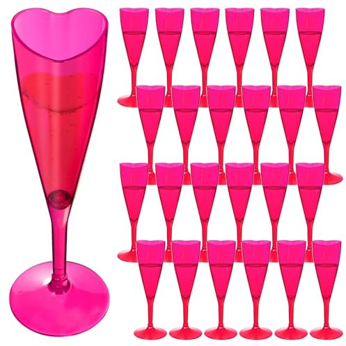 FillTouch 24 Pcs Valentines Day Heart Shaped Champagne Flutes Plastic Goblet Cups 4.4oz Disposable Toasting Glasses Wine Cups for Galentine Bachelorette Wedding Bridal Shower Party(Clear,Hot Pink)