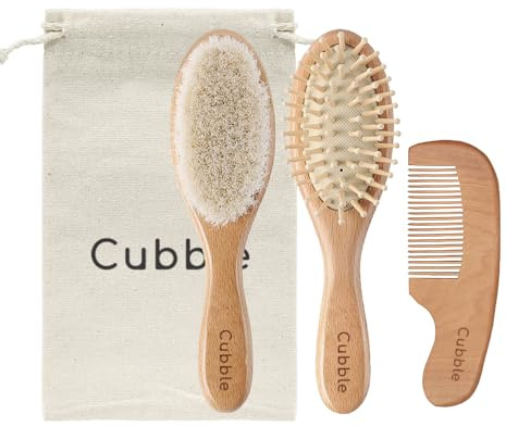 Cubble 4 Stück Baby Haarbürste und Kamm Set mit Aufbewahrungstasche für Neugeborene und Kleinkinder, 100% natürliches Buchenholz Haarbürste mit weichen Ziegenborsten und Kamm, Wiegenkappenbehandlung
