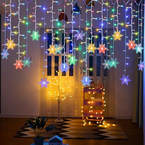 AUAUY Schneeflocken Lichtervorhang, 4m 96 LED, 8 Modi, IP44, Bunt