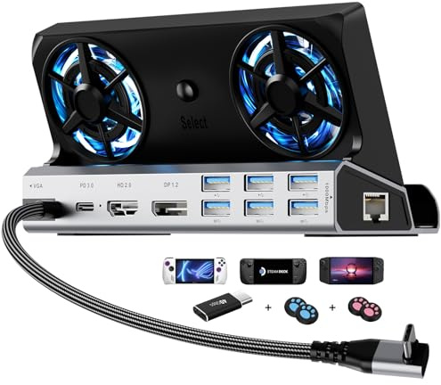 14-i-1 ångdäcksdockningsstation för ångdäck/Rog Ally/Switch/Legion Go dubbla kylfläktar 4K @ 60Hz, 1080P 6 USB-portar, 1 000 Mbps, 100 W typ C-laddning, DP1.2, 40 Gbps adapter