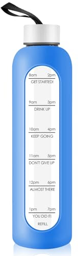 1 Liter Glass Water Bottle with Stainless Steel Lid - 1000ml Sports Drinking Bottle with Time Marker, Reusable Shatterproof Silicone Case Bottle for Fitness Gym Outdoor Travel Workout (Light Blue)