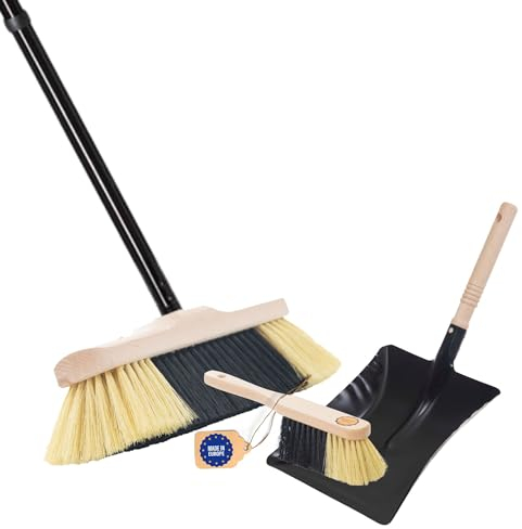 Novaliv Zimmerbesen mit Stiel stabil FEINE KUNSTBORSTEN Besen weiche Borsten Schrankbesen 4 tlg Steckstiel und Handfeger Kehrblechgarnitur Metall Schwarz Kehrblechbesen Handkehrset Feger und Kehrblech