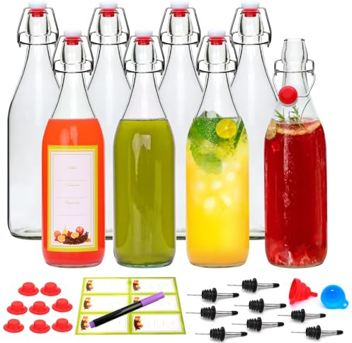 Woaiwo-q 8 Pack 32oz Swing Top Glass Bottles,Flip Top Brewing Bottle with Airtight Stopper Lids, for Juice, Water, Kombucha, Wine, Beer Brewing, Kefir Milk or Eggnog(Bonus Gaskets and Funnel)