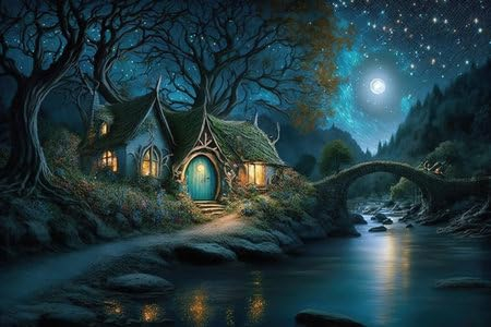 adrium Acryl-Bild 50 x 30 cm: 3D-Darstellung eines Fantasiehauses im Wald bei Nacht. (199011436)