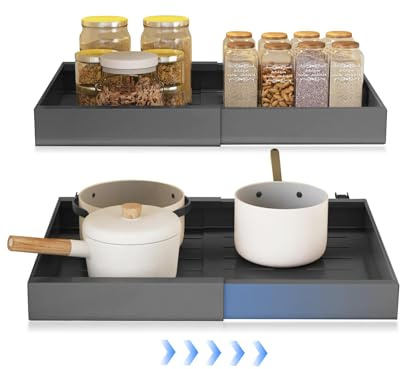 CnosDB 2 Cassetto Estraibile Cucina, Cassetti Estraibili per Cucina Non Sono Necessarie Forature e Chiodature Espandibile Cassetto Telescopico per Bagno Soggiorno 32-52x42x7cm(grey*2)