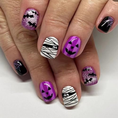 24PCS Halloween Press on Nails,Short Cute False Nails with Pumpkin and Bat Design,Shinny Purple French Fake Nails,Unique Cosplay False Nails for Party,Coffin Full Cover Nails Tips for Women or Girls
