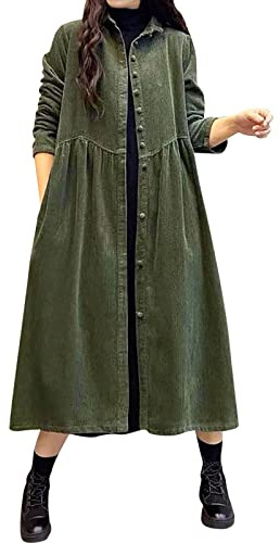 Cordkleid Damen Lang mit Knopfleiste Trenchcoat Damen Winter Mantel Maxikleid Langarm Einreihig Hemdkleid Blusenkleid Elegant Bluse Tunikakleid Shirtkleid Cocktailkleider Freizeitkleid