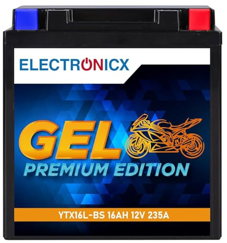 Electronicx, GEL, YTX16L-BS 12V 16Ah Motorradbatterie – wartungsfrei, versiegelt, Hochleistungs-Starterbatterie mit 235A CCA – Roller, Quad, Motorrad, Jetski, Aufsitzmäher, Powersport, 151× 87×160mm.