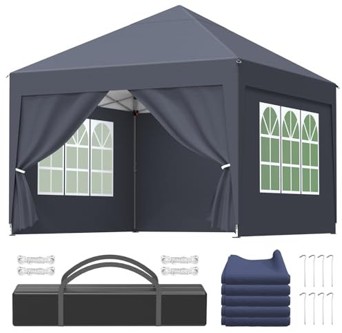 Tonnelle de Jardin Pliable de 3-Hauteur Réglable, Tente Pliable Imperméable avec 3 Parois Latérales, Pavillon Protection UV, Tente de Jardin-Fête-Plage-Camping-Marché, Tonnelle Pop-up 3x3, Anthracite