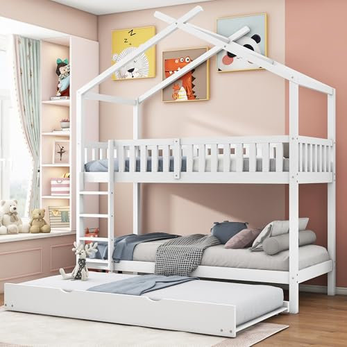 Etagenbett 90x200, Kinderbett Hochbett für 3 Kinder, Hausbett mit Ausziehbett&Dach&Leiter, Kinderhochbett mit Rausfallschutz&Lattenrost, Bettgestell Stockbett Familienbett Loft Bett, Massivholz, Weiß