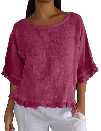 Camisas de lino para mujer, estilo casual, manga 3/4 con volantes, cuello barco, blusas básicas de moda, rosso, M