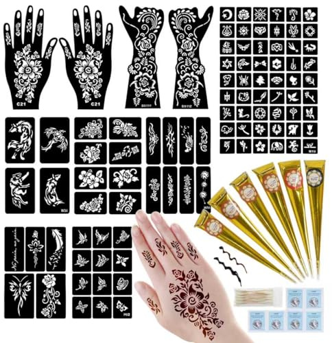95 PCS Temporary Tattoos Stencils Kit,Temporary Tattoos Kit - 6 Pcs 3 Color(black*1,brown*4 & Red*1) Ink with 6 removal wipes,10 disposable cotton swabs DIY Body Art Painting for Women Men Adults