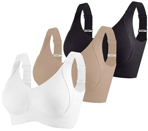 3 Pack Sports Bras for Women Ribbed Bra Ladies Non Wired Brassiere Push Up Underwear Full Coverage Bralette Comfortable Soft Breathable Bras Seamless Bralettes Everyday Bra
