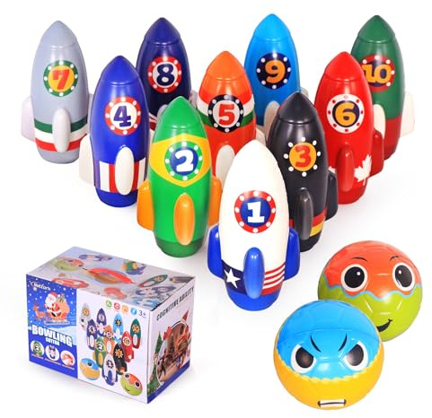 Nattork Rocket Set de quilles pour enfants en intérieur et extérieur avec 10 clous en mousse et 2 boules, jeu éducatif pour enfants de 4-5 et 5-12 ans, cadeau