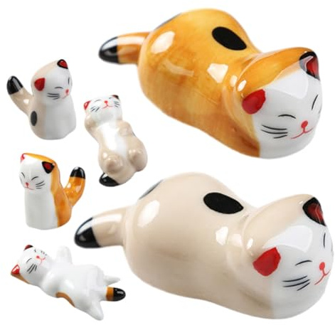VICASKY Poggia-Bacchette in Ceramica a Forma di Gatto, Supporto Porta Bacchette Multifunzionale, Set da 6 Pezzi, Anti-Sporco e Decorazione Tavola per Cucina e Sala da Pranzo
