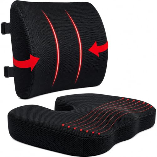 ELIXIR HIVE 2-Piece Lumbar & Seat Cushion Set – Orthopaedic Coccyx Memory Foam for Sciatica & Tailbone Pain Relief – Ergonomic Office Chair, Gaming & Car Seat Pillow with Washable Cover (Black)
