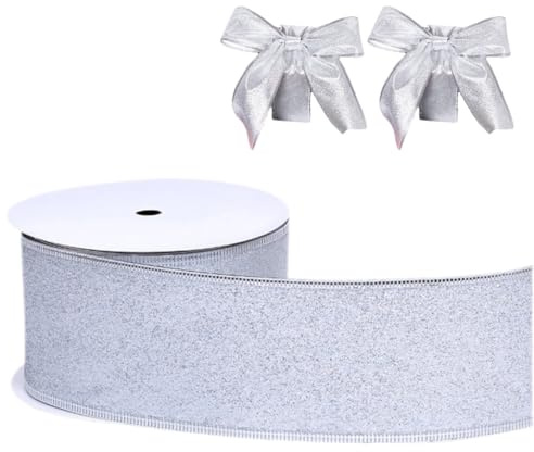 Oridaceae Schleifenband Silber mit Draht, Glitzer Geschenkband mit Drahtkante Hochzeit Weihnachten, Weihnachtsband 38mm Breit, 9 Meter Lang, Party Bänder Basteln Dekorieren Geschenkverpackung
