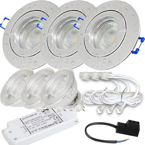 Rolux LED Einbauspots 12V Set IP44 für Bad & Küche – 3er Set Aluminium gebürstet mit Chromring & Trafo – 3W 250lm 3000K Warmweiß – MR16-AMP-Kabel 120 cm – Bohrloch Ø 60–68 mm, Einbautiefe 55 mm