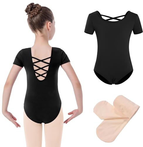 DANSHOW Girls Dance Leotard Crisscross Straps Back Short Sleeves with Tights，Black Leotard for Ballet Dancewear(5027-06-XXXL)