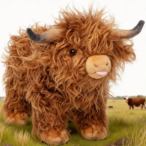 OUOZZZ Highland Cow Kuscheltier Kuh, Hochlandrind Plueschtier Stofftier | Niedliches und weiches 26cm Hochlandrind, schadstofffreie Kuschelkuh ideal als Geschenk fuer Kinder zum Geburtstag.
